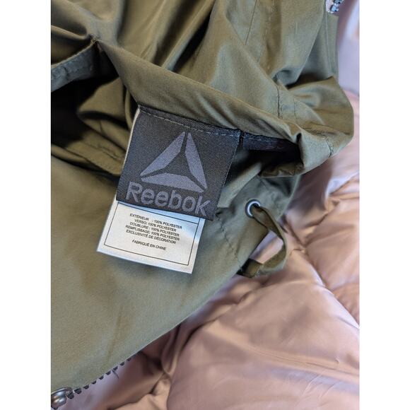 Reebok Reversable Parka Coat Wm 2X Puffer Hooded Cinch Waist Winter Olive Pink - Picture 12 of 15